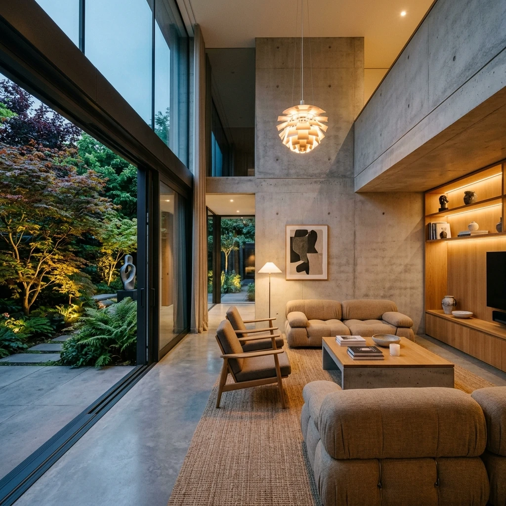 Elegant modern living room interior at dusk